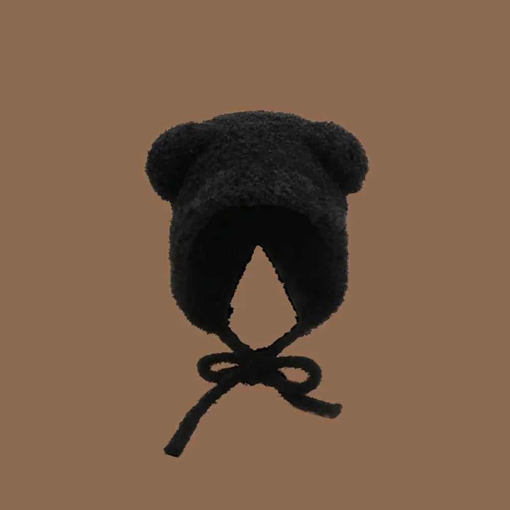 Y2K Bear Ear Knit Beanie Hat – Warm Lace-Up Cap for Women Knit Beanie Hat SWANS Black