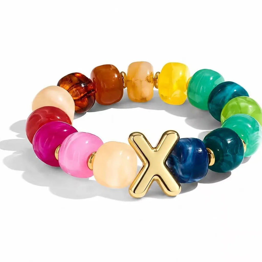 Resin Bead Initial Charm Bracelet – Multicolor Women's Stretch Charm Bracelet SWANS X