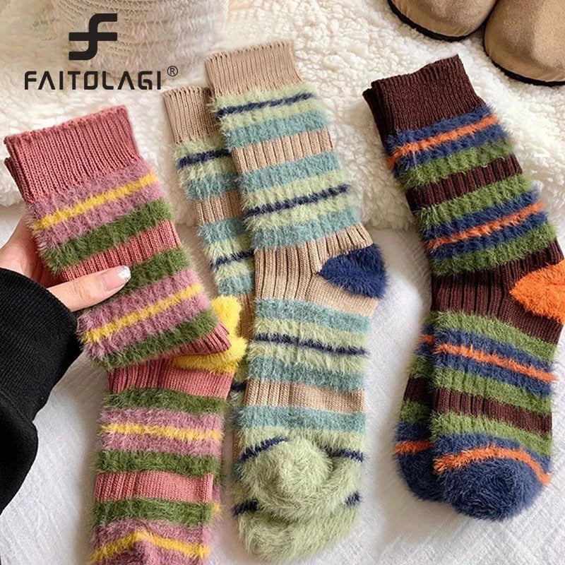 Korean Color Block Mink Velvet Socks – Thick Women's Winter Women's Winter Socks SWANS