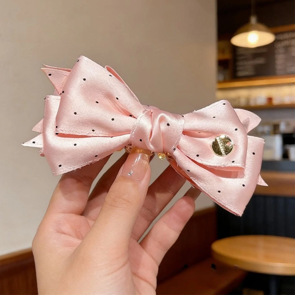 Polka Dot Satin Bow Hair Clip – Rhinestone Barrette for Women Hair Barrette Clip SWANS pink