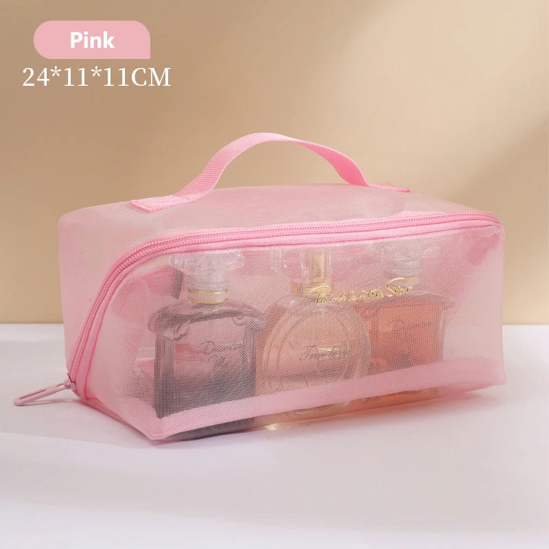 Transparent Mesh Cosmetic Bag – Travel Makeup Organizer Pouch Cosmetic Travel Bag SWANS Pink