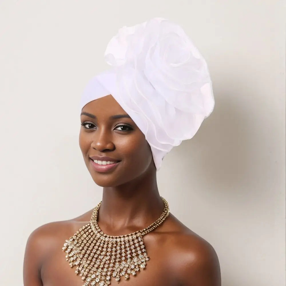 Large Flower Turban Cap – African Head Wrap Beanie Women Turban Beanie Cap SWANS white