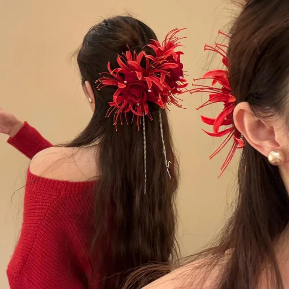 Vintage Lycoris Flower Hair Claw Clip with Tassels Women Floral Hair Clip SWANS