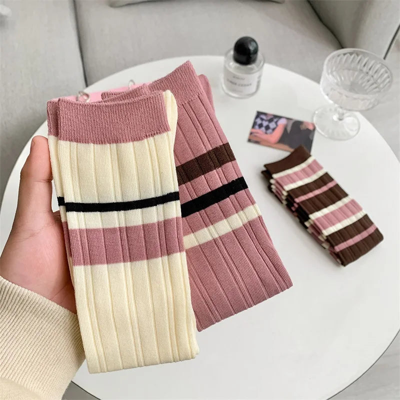 Women's Pink Stripe Knee-High Socks – Cotton Fashion Stockings Knee-High Socks SWANS