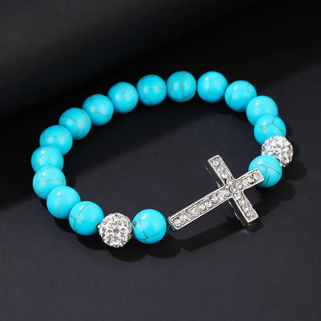 Turquoise Elastic Bead Bracelet – Unisex Rhinestone Cross Charm Bead Bracelet SWANS